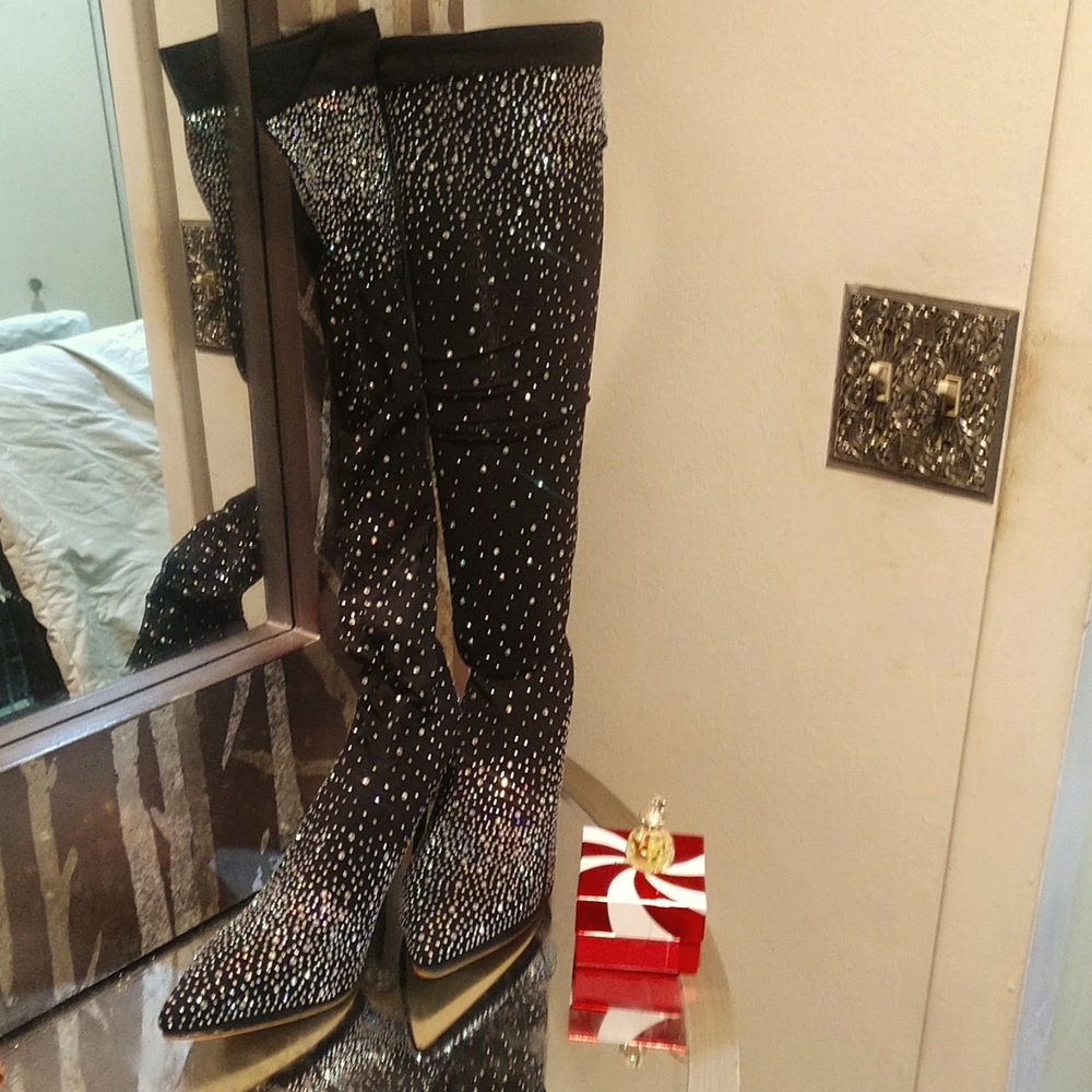 Black iridescent rhinestone stocking boots size 10 medium